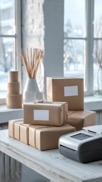 Cozy workspace features cardboard parcels with blank labels, label printer, packaging materials on white table. Natural light streams through window, highlighting organized shipping setup