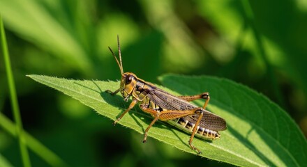 Fototapeta premium Grasshopper perched on a leaf in lush greenery, bathed in soft sunlight