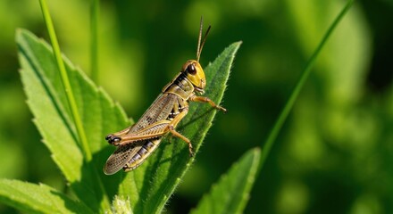 Grasshopper perched on a green leaf, against a blurred leafy background