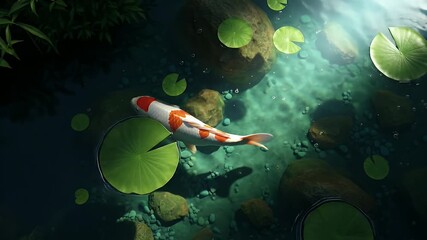 Koi Fish Serenity - A Tranquil Underwater Scene with Lily Pads. - Powered by Adobe