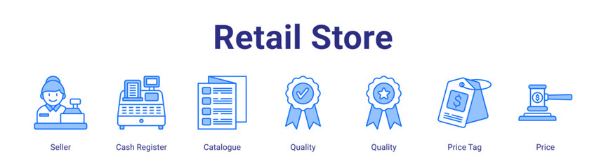 Retail Store web icon vector illustration concept with icon of Seller,Cash Register,Catalogue,Quality,Quality,Price Tag,Price