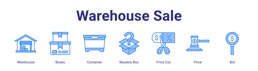 Warehouse Sale web icon vector illustration concept with icon of Warehouse,Boxes,Container,Mystery Box,Price Cut,Price,Bid