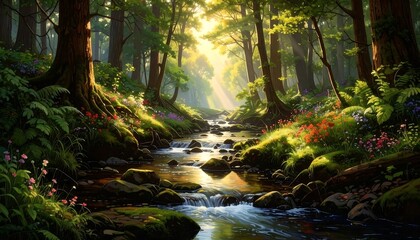 Idyllic Forest Scene with a Stream: Nature's Serene Beauty Depicted in Art