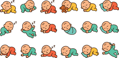 Cute sleeping baby cartoon characters in pajamas and swaddles in different poses vector illustration