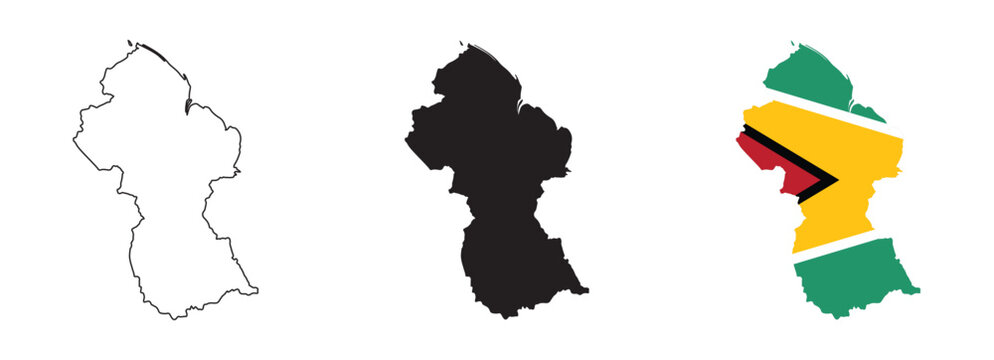 Guyana map vector with editable country outline black silhouette and national flag featuring green field with red white gold black triangles for geography, education, and travel illustration use