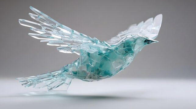An exquisite ic representation of a bird mid flight composed entirely of sharp transparent shattered blue green glass pieces conveying a sense of delicate movement and ethereal beauty