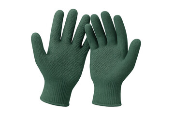 Pair of green knitted work gloves for hand protection, isolated on transparent background, ready for gardening chores and construction tasks