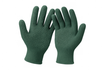 Pair of green knitted work gloves for hand protection, isolated on transparent background, ready for gardening chores and construction tasks