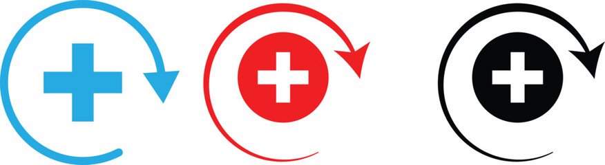 Health recovery icon set. Medical plus signs with upward arrow sign. Medical and Healthcare Symbols. refresh symbol

