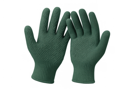 Pair of green knitted work gloves for hand protection, isolated on transparent background, ready for gardening chores and construction tasks - Powered by Adobe