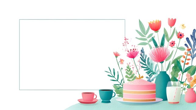 This delightful scene features a tiered pink cake drinks and a bouquet of colorful flowers all presented with a blank frame for custom messages or graphics
