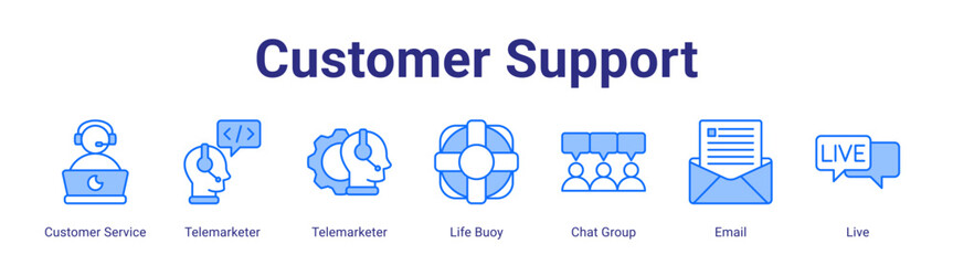 Customer Support web icon vector illustration concept with icon of Customer Service,Telemarketer,Telemarketer,Life Buoy,Chat Group,Email,Live