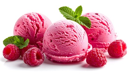 Three scoops of pink frozen dessert with fresh mint sprigs and raspberries, all set against a clean white backdrop