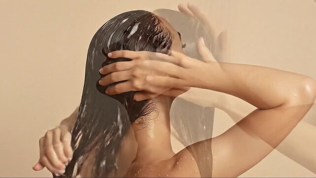 ヘアシャンプーを使って入浴中の女性が後ろ姿で濡れた髪を指先で丁寧に洗う清潔な場面