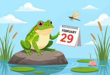Frog Holding February 29th Calendar with Dragonfly