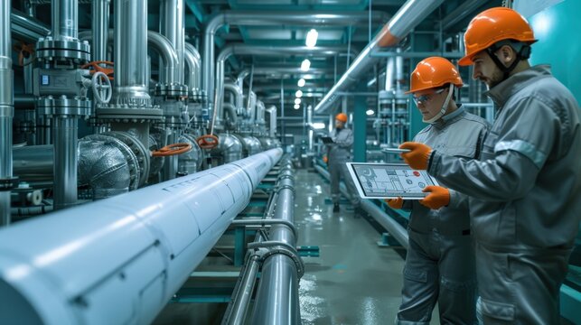 Two Engineers or Technicians Wearing Hard Hats Discussing Technical Plans on Digital Tablet While Working in Industrial Power Plant, Oil Refinery, or Chemical Factory Full of Complex Pipe Systems