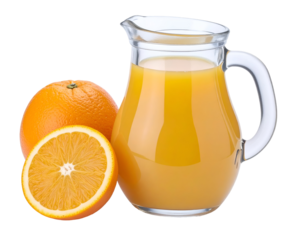 A clear glass pitcher filled with fresh orange juice placed next to whole and sliced oranges