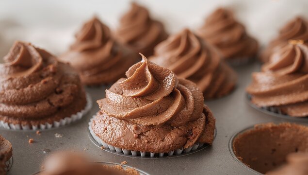 Delectable Delights. A Collection of Cupcakes with Rich, Creamy Chocolate Frosting.
