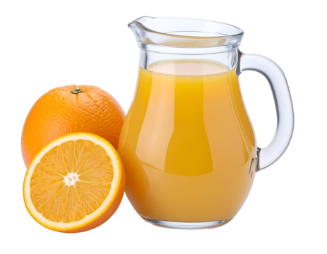 A clear glass pitcher filled with fresh orange juice placed next to whole and sliced oranges