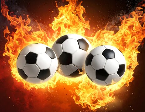 Three soccer balls in a fiery inferno. The dark background complements the vibrant orange flames surrounding the spherical sports equipment