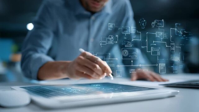 A person uses a stylus on a digital tablet, interacting with virtual diagrams and data interfaces. The scene emphasizes cutting edge technology, workflow automation, and digital innovation trends - Powered by Adobe