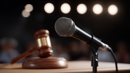 Obraz premium Auctioneer’s microphone and wooden gavel resting on podium under spotlight — concept of authority, tradition, and iconic symbolism of leadership in classic auction environments. cinematic color