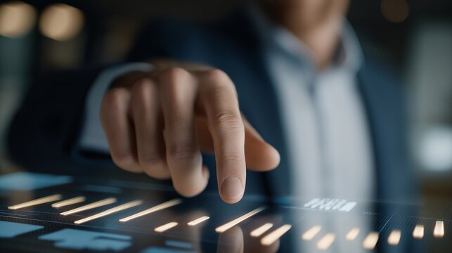 Close-up of individual professional pausing at a key node with interactive holographic data charts — representing personalized career decision-making, opportunity analysis, and strategic