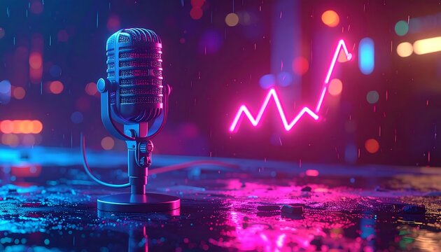 A close-up showcases a vintage microphone with a neon pink soundwave, possibly symbolizing popularity or rising trends. The backdrop is dark and abstract