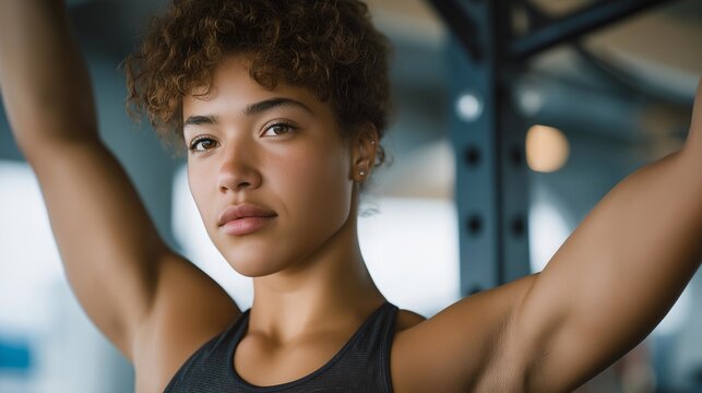 A female athlete training in a modern fitness center with advanced equipment, emphasizing gender equality, empowerment, and dedication to excellence. cinematic color correction, natural uneven