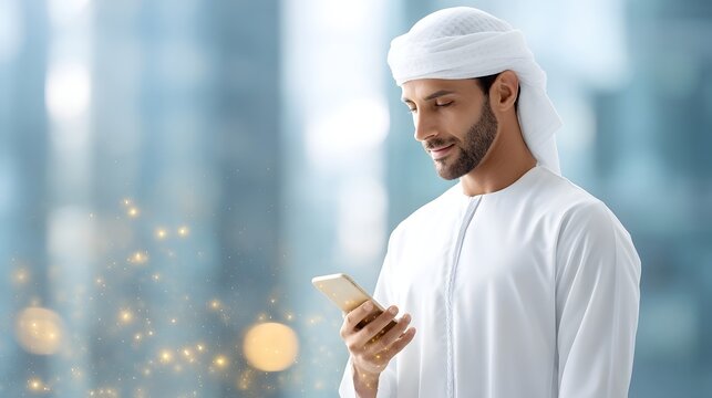 An adult Arab man wearing a white kandura and ghutra is focused on his mobile phone set against a soft out of focus modern urban background adorned with shimmering golden light effects