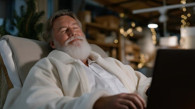 Santa in casual attire leaning back in ergonomic chair, laptop glow illuminating thoughtful face — representing creative founder mindset, peaceful year-end introspection, and cozy modern work