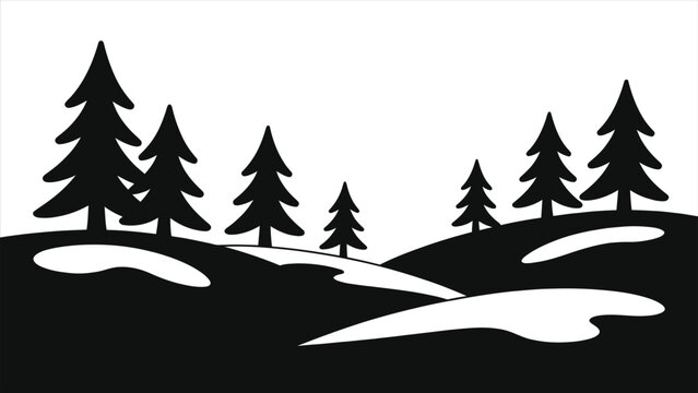 Black and White Winter Landscape Vector with Snowy Hills and Pine Trees Silhouette, Minimalist Winter Forest Background for Christmas, Seasonal Design, Holiday Card, Poster, or Illustration