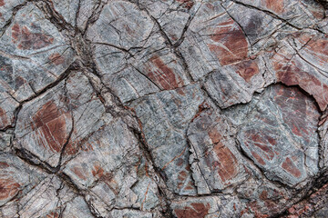 Abstract rock, wall surface with textured cracks and fissures forming an instricate pattern of shapes and colors.
