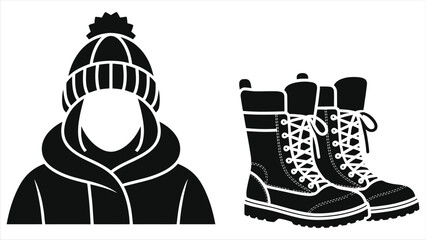 Winter Fashion Essentials Vector: Warm Beanie Hat, Cozy Parka Jacket, and Durable Snow Boots Icon Set. Perfect for Cold Weather Apparel & Outdoor Adventures.