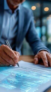 Professional in suit uses stylus to interact with transparent digital tablet displaying financial graphs, analytics. Scene captures modern business, technology, data driven decision making