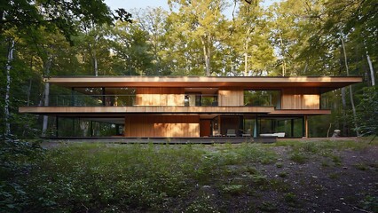 Modern wooden house surrounded by lush green trees showcases contemporary architecture and blending with the natural environment