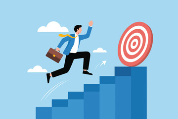Businessman climbing stairs toward target and success goal. Career growth and goal achievement business concept illustration.