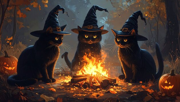 Three black cats in witch hats gather around a campfire in an autumn forest, flanked by carved pumpkins