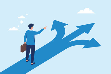 Business Decision Making and Career Direction Concept. Man Choosing Future Path for Success and Opportunity.