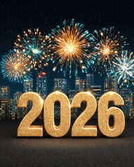 Celebratory 2026 New Year Fireworks Over City Skyline