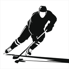 Obraz premium Silhouette Vector of Ice Hockey Player in Action with Stick and Puck, Winter Sports Illustration of Athlete Skating on Ice Rink Isolated on White Background for Cold Season Design Elements