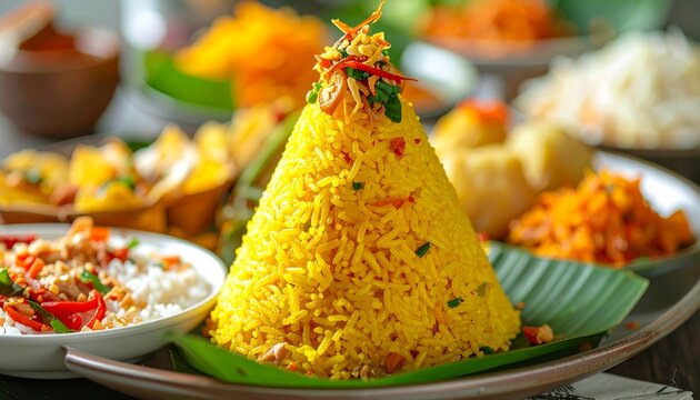 Yellow cone-shaped tumpeng rice with intricate decoration, photography of Indonesian celebratory dish