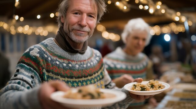 Caring volunteers in festive sweaters serving hot Christmas meals to homeless individuals in a cozy shelter dining hall, surrounded by cheerful decorations and twinkling lights — powerful concept