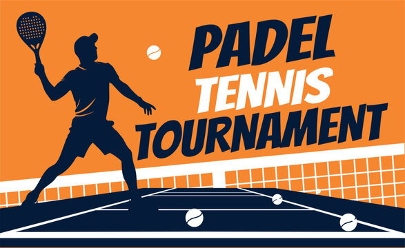 Vector illustration of a dark silhouette of a man playing padel tennis. Padel Tennis Tournament, Summer Cup with date, time. Orange, blue palette. For banner, advertising, sports club branding, poster