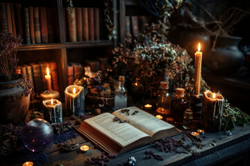 Mysterious Old Spell Book Surrounded by Candles and Herb Vials on Wooden Table