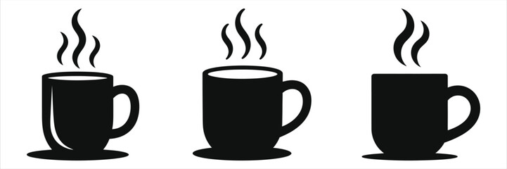 Hot Coffee Mugs Steaming Vector Illustration: Cozy Winter Drinks, Black Silhouette Clip Art for Café, Restaurant, or Holiday Designs - Perfect for Websites, Logos, and Print Media