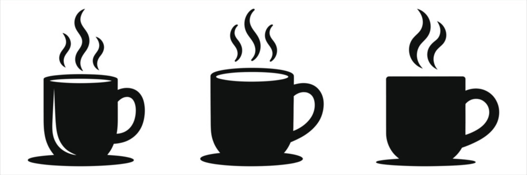 Hot Coffee Mugs Steaming Vector Illustration: Cozy Winter Drinks, Black Silhouette Clip Art for Caf&eacute;, Restaurant, or Holiday Designs - Perfect for Websites, Logos, and Print Media