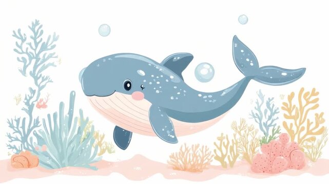 Oceanic Whimsy: An adorable illustration of a cheerful whale frolicking in the depths of a vibrant ocean, surrounded by colorful coral and bubbles. It is ideal for nursery art and children's designs.
