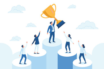 Business Team Celebrating Success and Leadership Achievement. Teamwork and Victory Concept with Trophy Illustration.