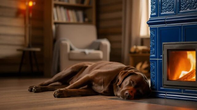 A cute dog sleeping by a warm fireplace in a cozy home. A brown labrador retriever relaxing on a wooden floor next to a blue tiled stove. Hygge and comfort concept